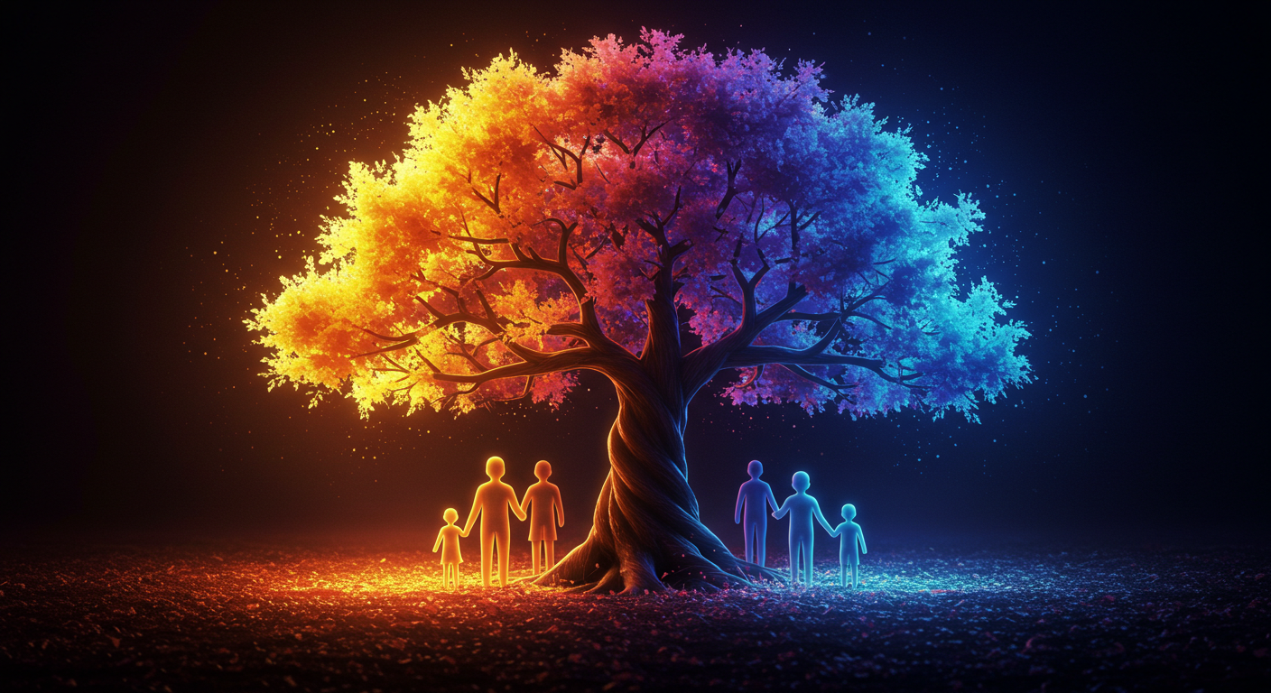 "Representação gráfica de uma família mostrando como o vício pode ser hereditário e influenciar diferentes gerações"