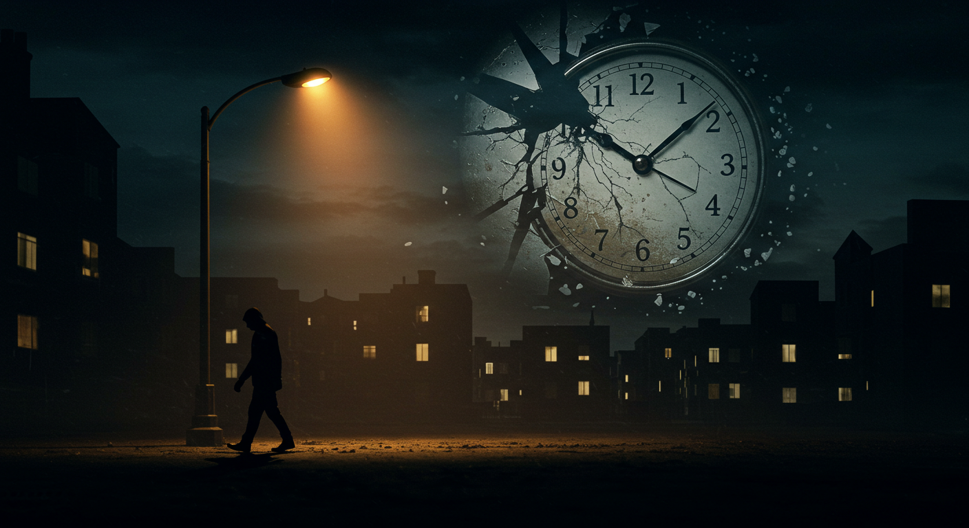 Cena urbana noturna mostrando usuário de crack com sombra em forma de caveira e relógio quebrado representando vida curta.