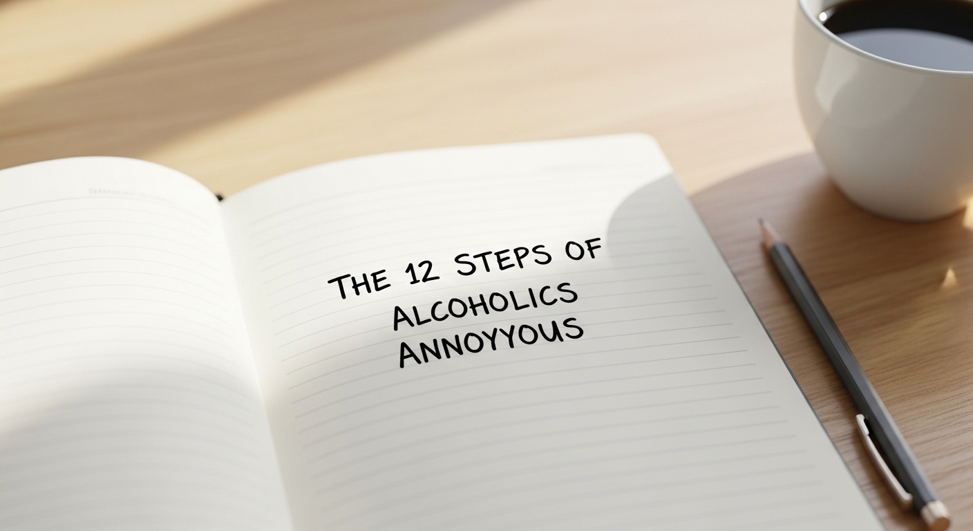 Cartaz ilustrando os 12 passos do programa de recuperação do AA Alcoólicos Anônimos.