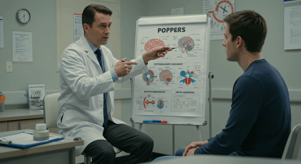 Principais riscos do uso recreativo de poppers, incluindo problemas cardíacos e respiratórios