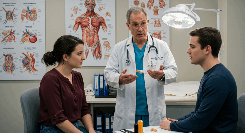 Paciente recebendo orientação médica sobre tratamento de dependência química após uso de poppers