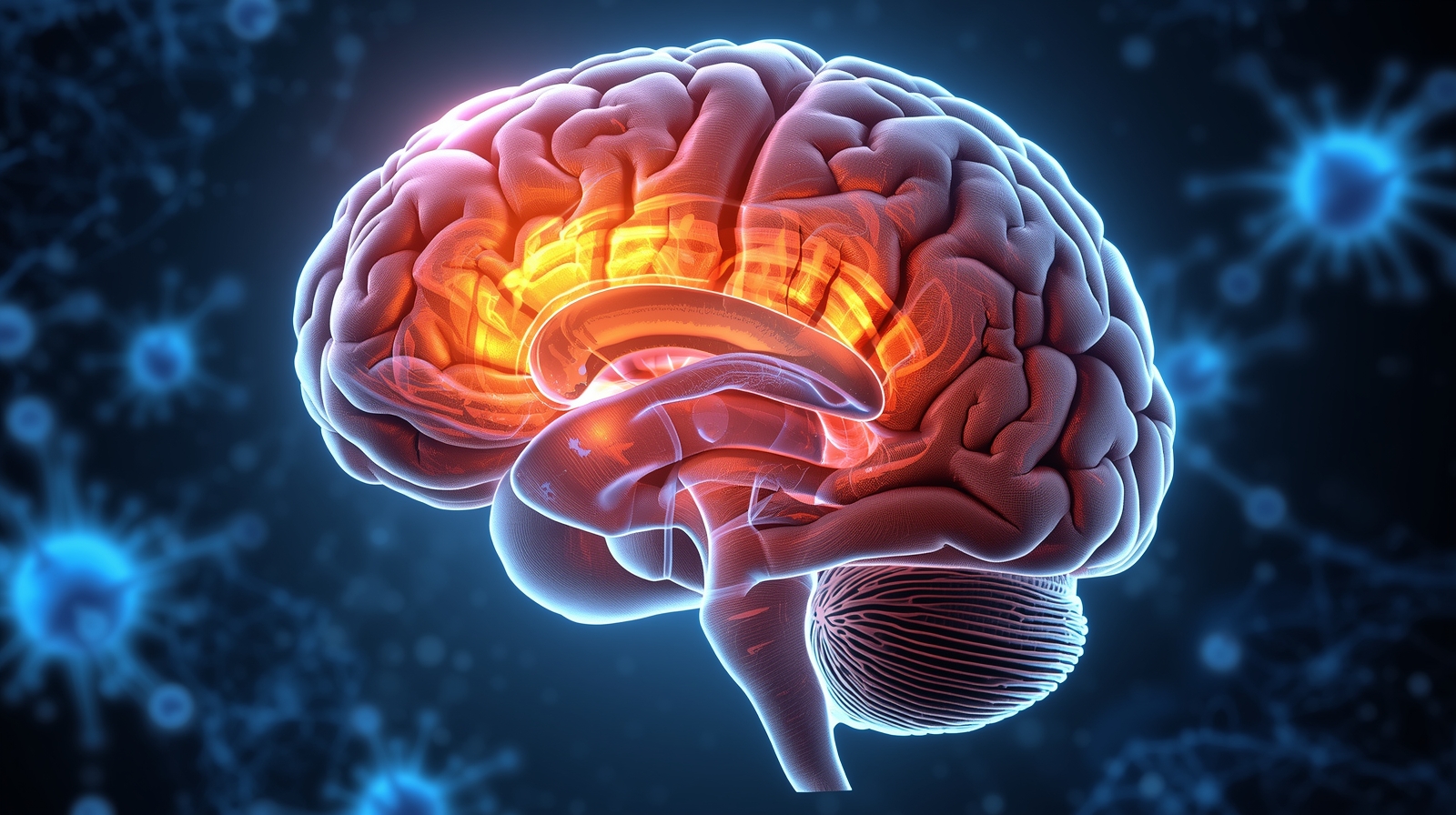 médica mostrando as áreas do cérebro danificadas pela Síndrome de Wernicke-Korsakoff, com destaque para o tálamo e corpos mamilares.