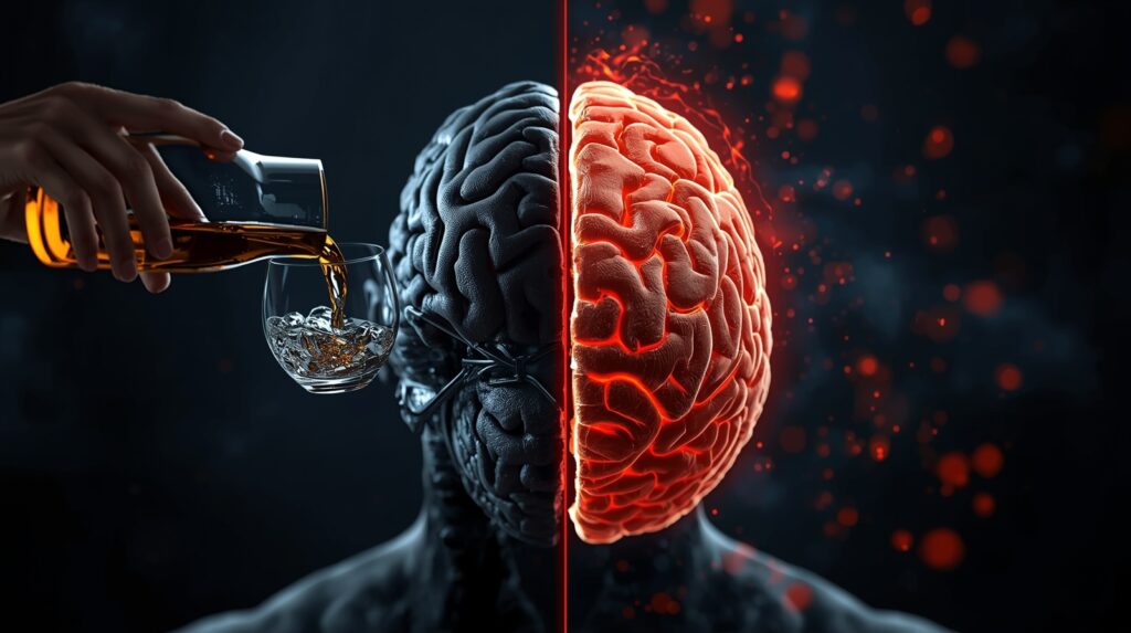 Conceito visual mostrando a ligação entre o abuso de álcool e a degeneração cerebral causada pela Síndrome de Wernicke-Korsakoff.