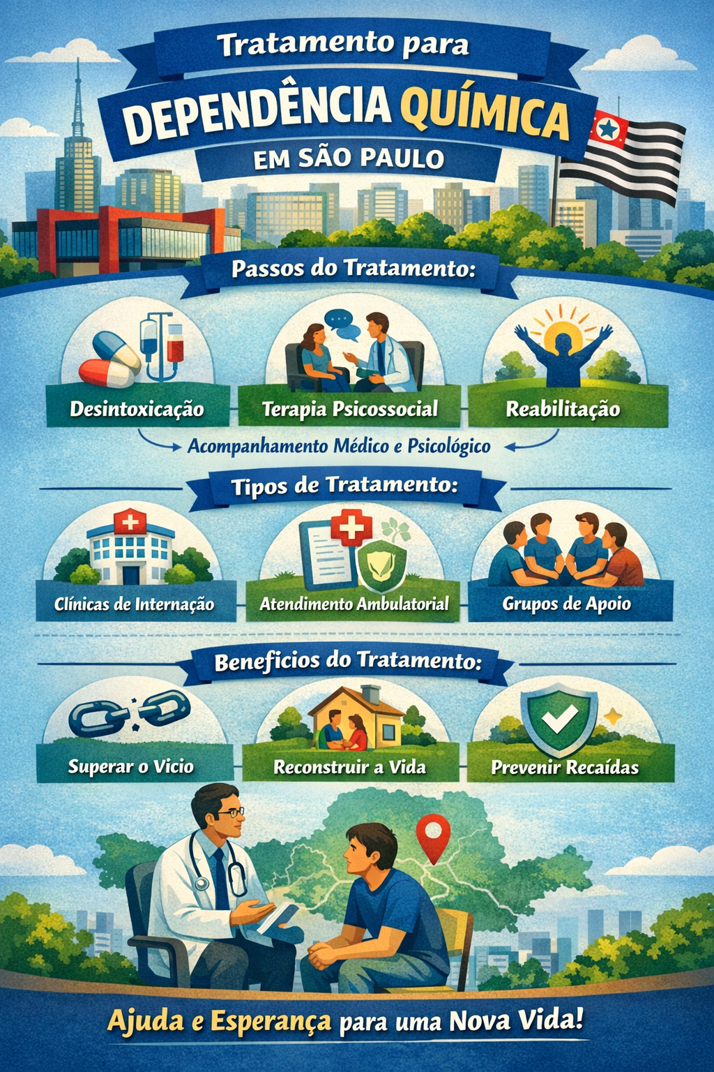 Infográfico sobre tratamento para dependência química em São Paulo com etapas de desintoxicação, terapia e reabilitação