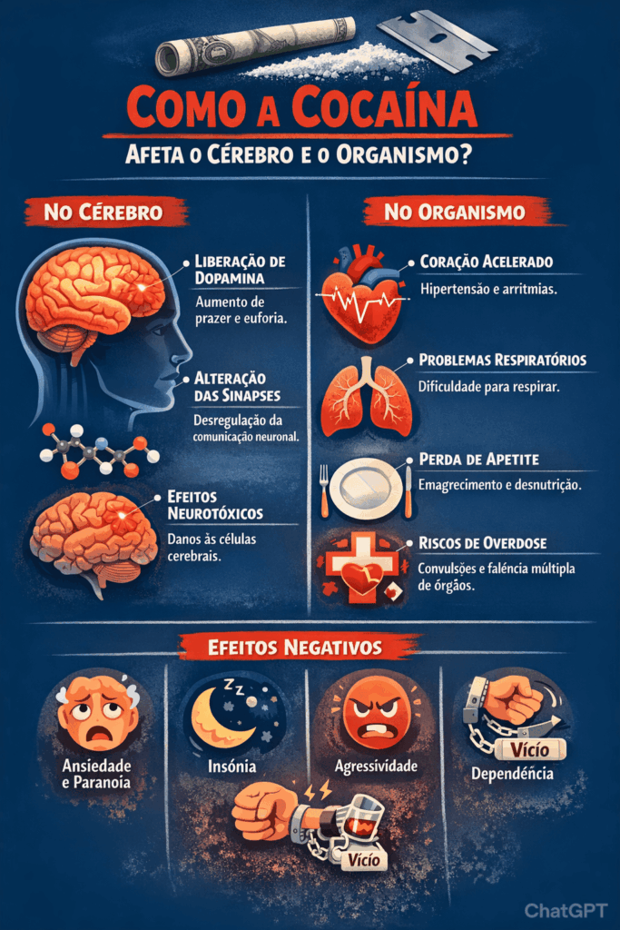 Infográfico mostrando danos da cocaína no corpo