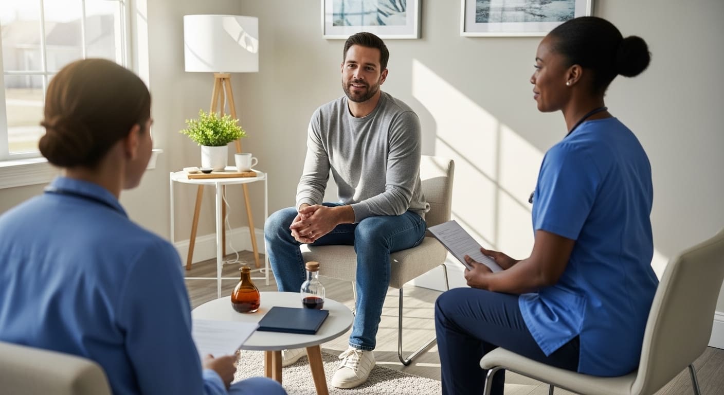 Paciente em tratamento para alcoolismo com apoio terapêutico