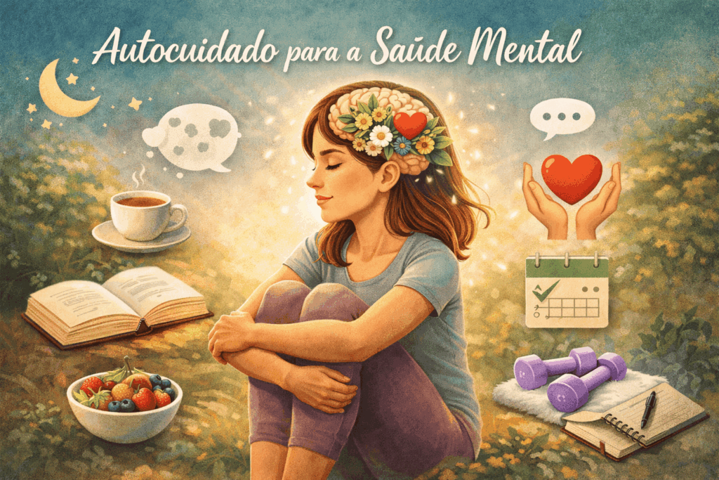 Imagem de alguém se dedicando ao autocuidado, com foco em alimentação saudável e descanso.