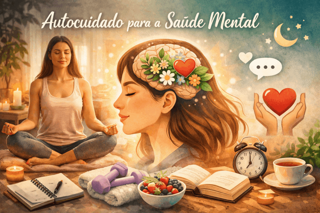 uma pessoa praticando autocuidado com meditação e atividades relaxantes.
