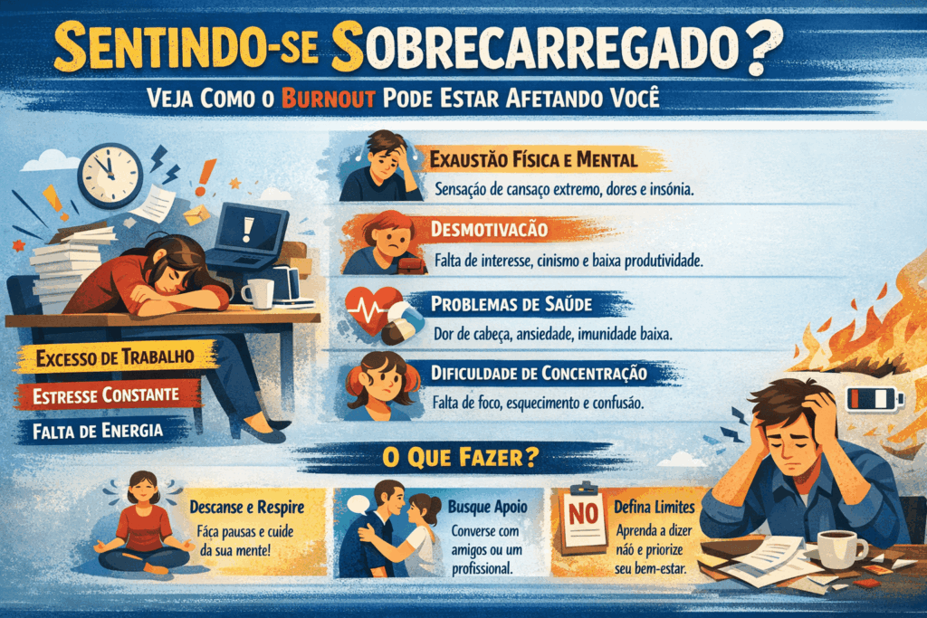 Cena de escritório com uma jovem sentada cansada, com anotações e documentos espalhados, simbolizando o burnout