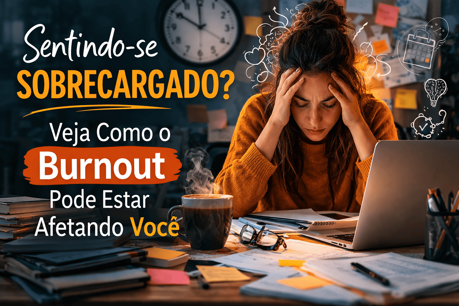 mulher estressada em um escritório com pilhas de papel e anotações, representando o impacto do burnout.