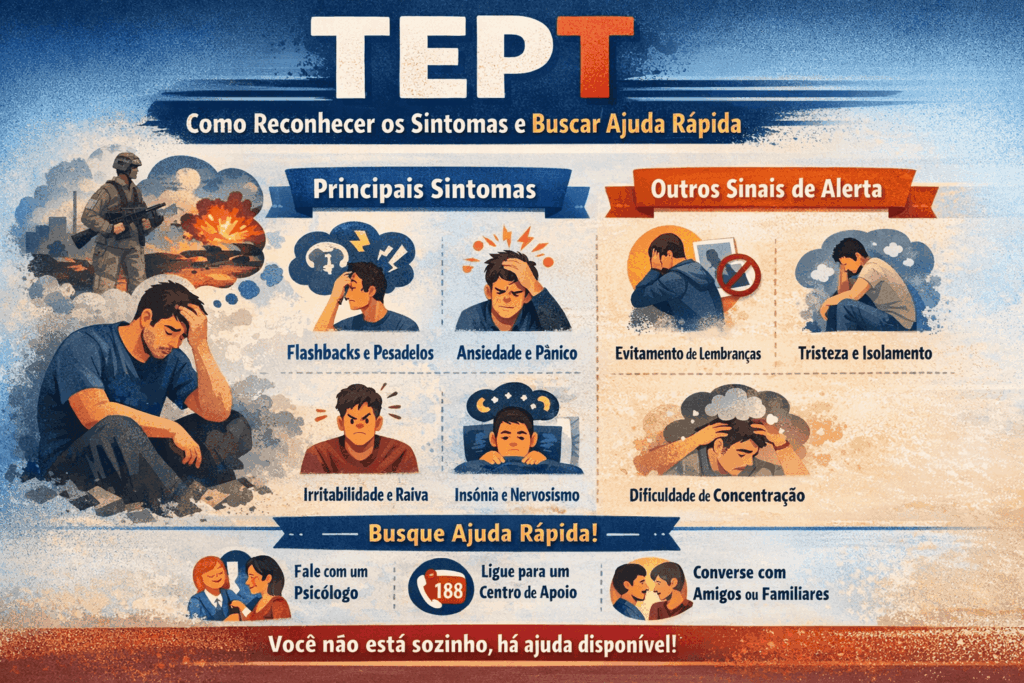 Infográfico sobre os sintomas do TEPT e como buscar ajuda profissional rapidamente.