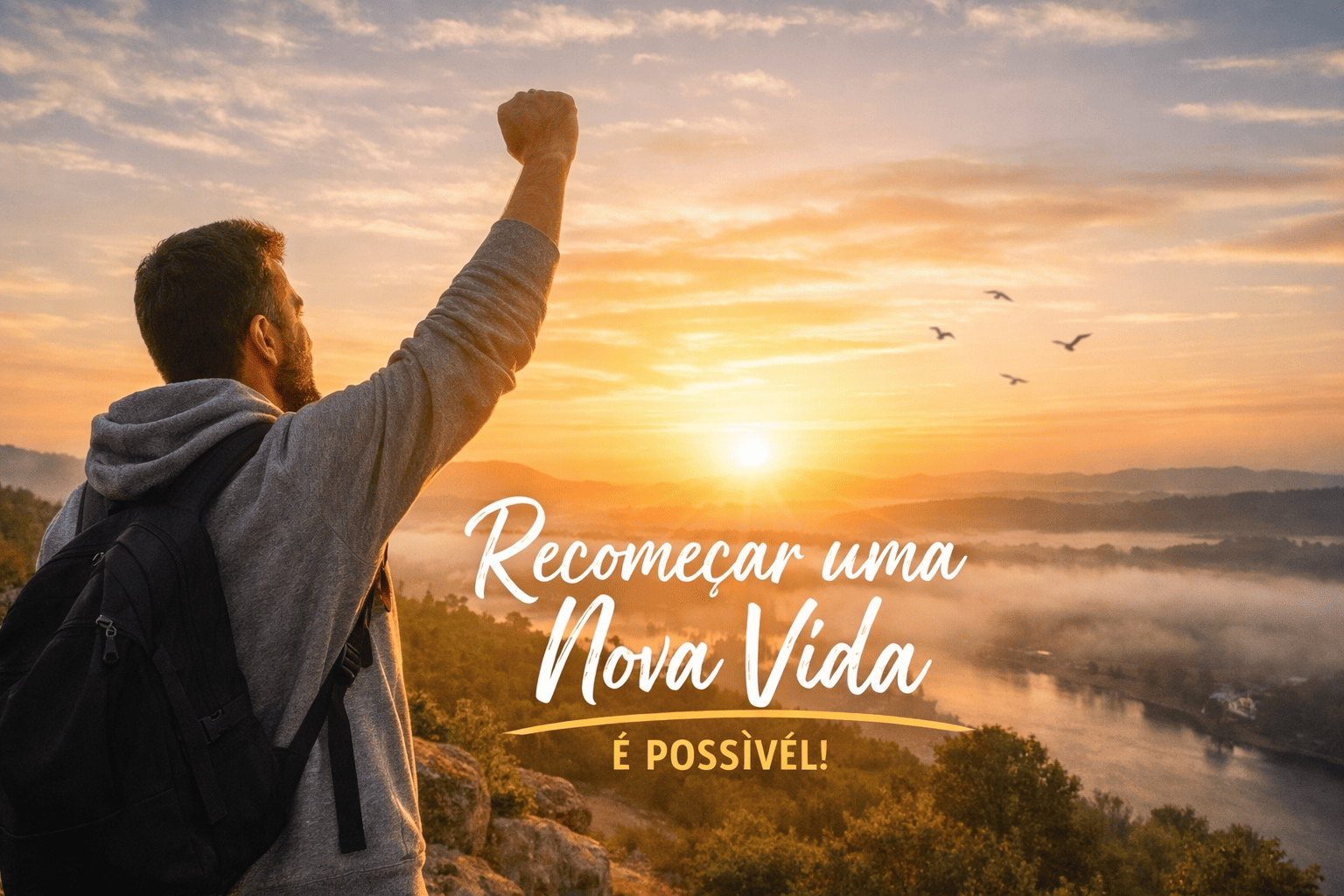 homem observando o nascer do sol, com a mensagem "Recomeçar uma Nova