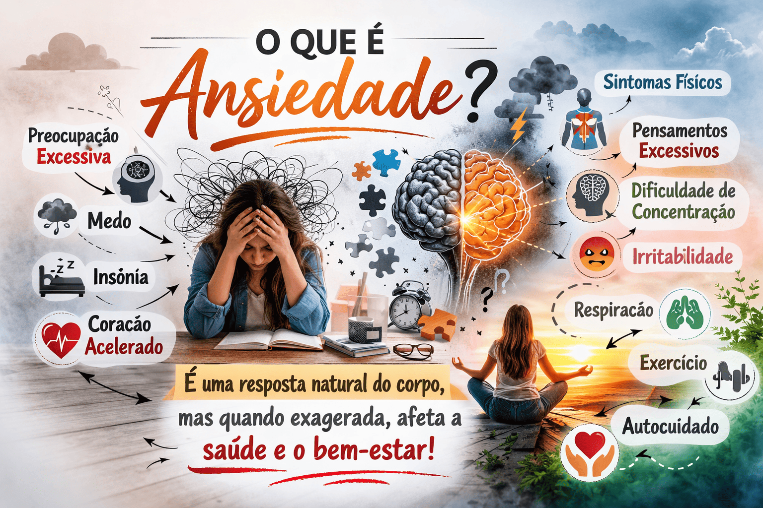 Imagem explicativa sobre o que é ansiedade e como controlá-la, destacando causas e sintomas