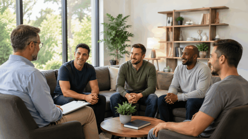 Grupo masculino em terapia de recuperação