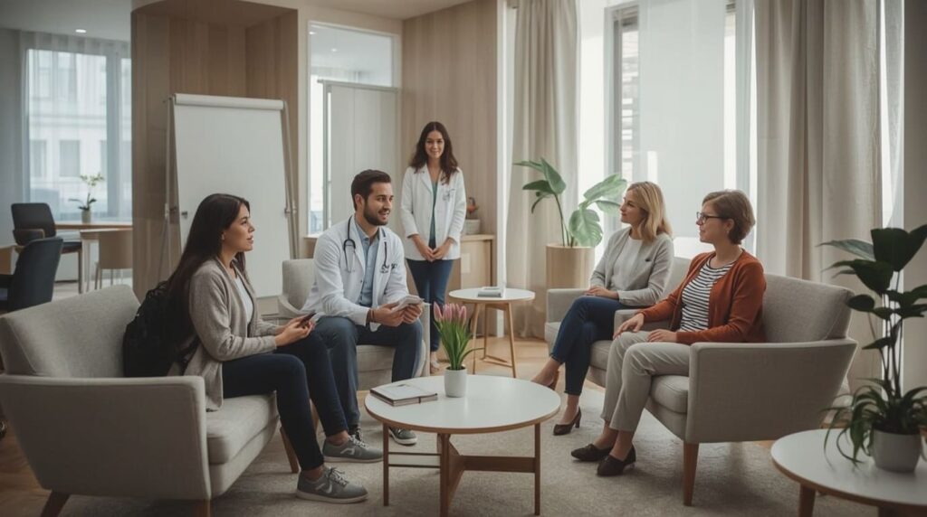 Família recebendo orientação em clínica de reabilitação no ABC Paulista.