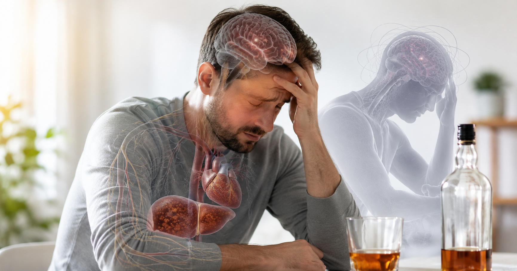 Homem sofrendo com os efeitos do alcoolismo