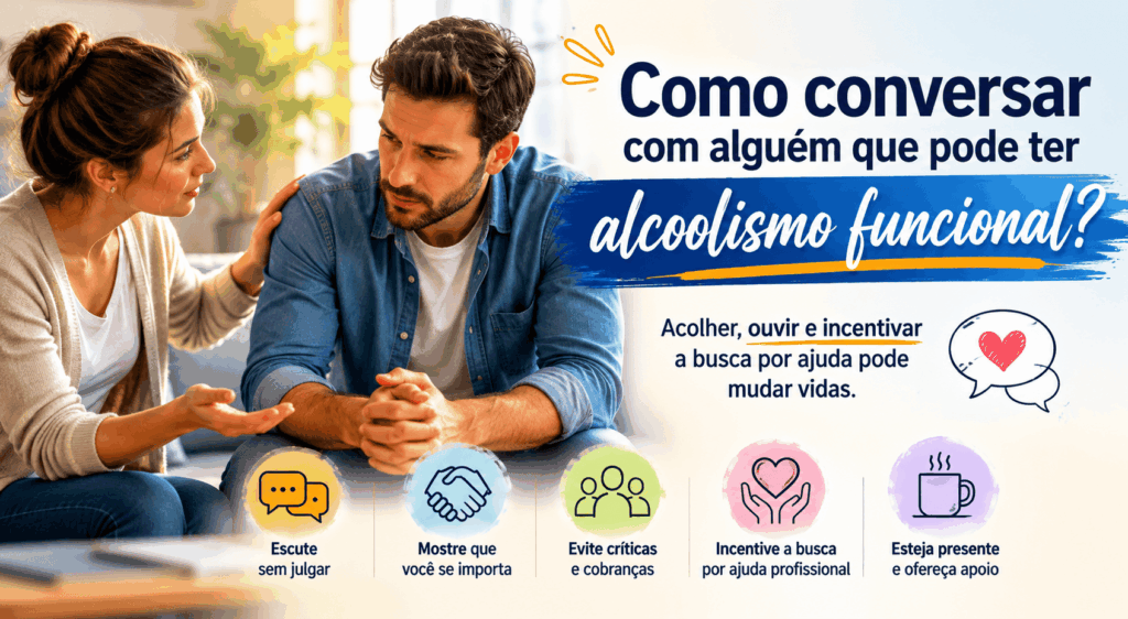 Pessoa recebendo apoio em conversa sobre alcoolismo funcional.