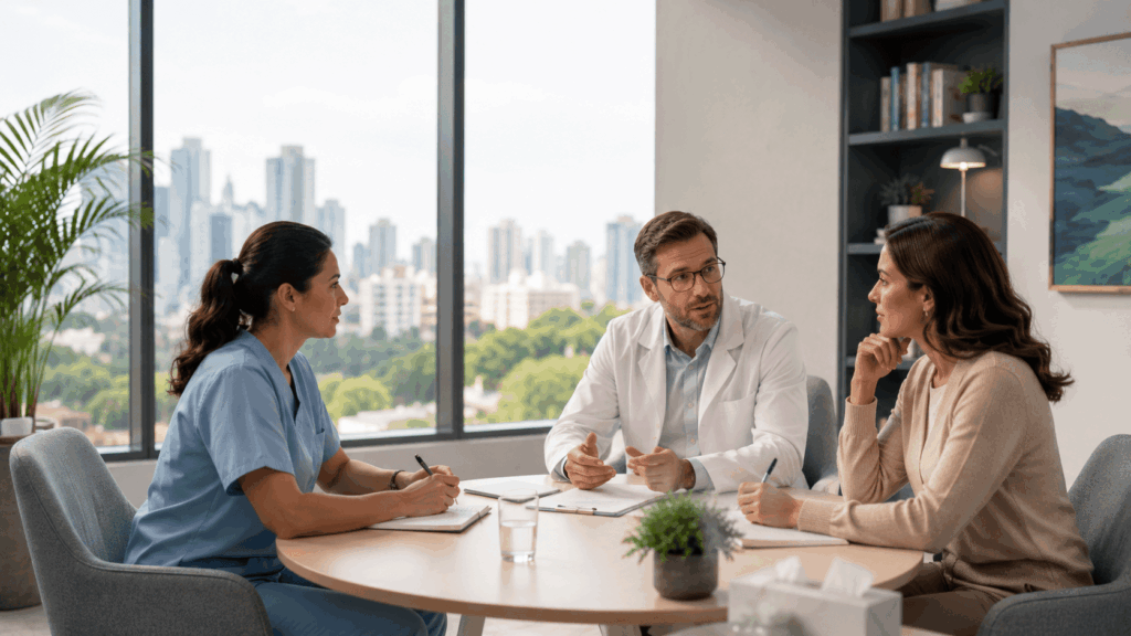 Paciente recebendo atendimento psiquiátrico com convênio médico.
