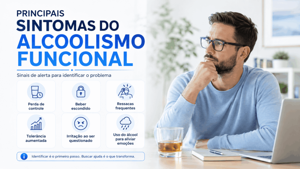 Imagem informativa com sintomas do alcoolismo funcional.