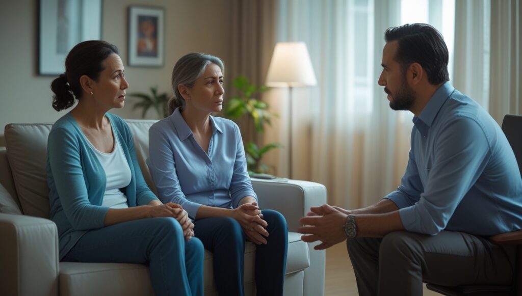 Família recebendo orientação sobre dependência química