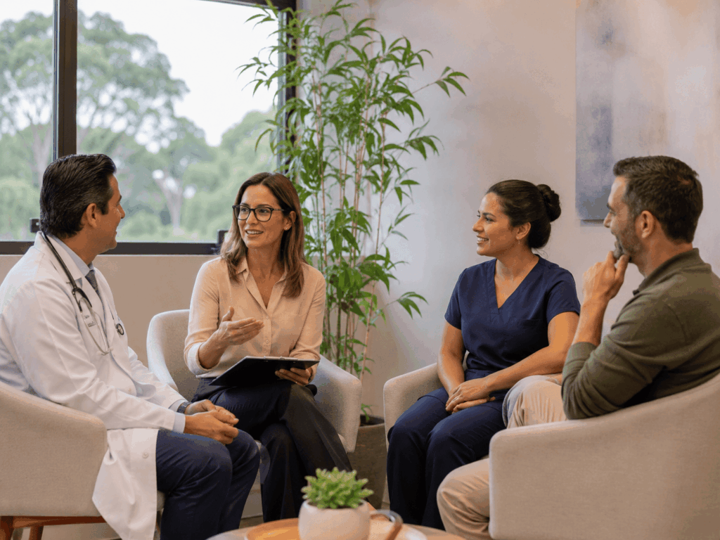 Família recebendo orientação para internação em clínica de recuperação em araçatuba