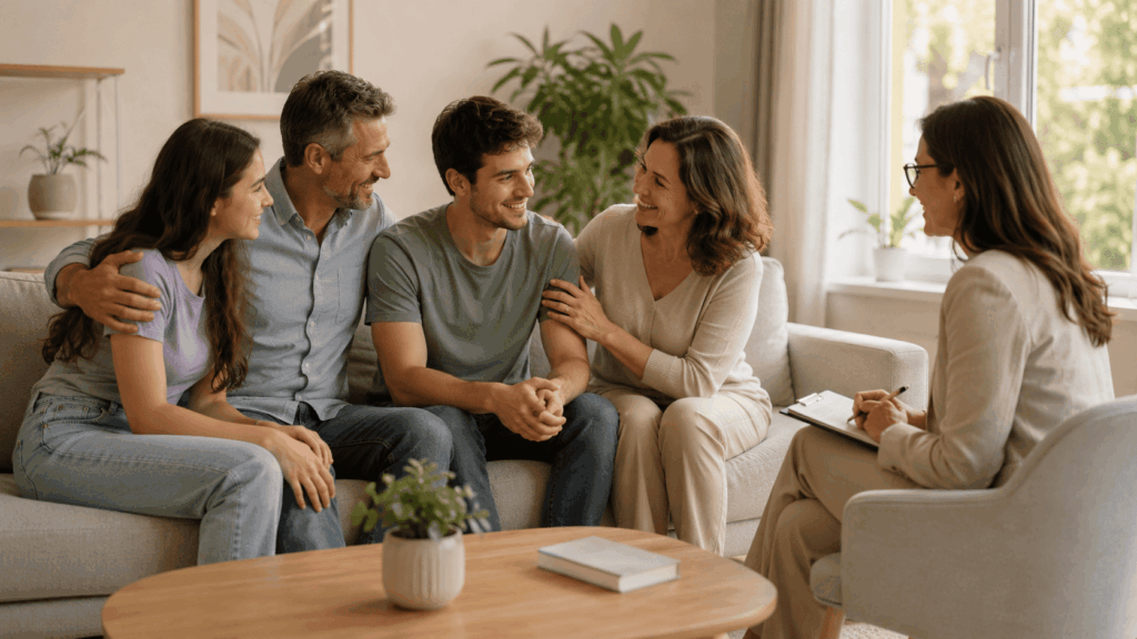 ncontro terapêutico com família e profissional de saúde em clínica de recuperação.
