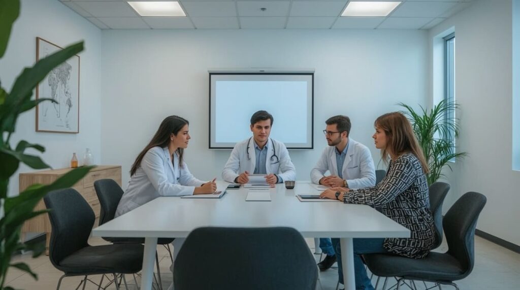 Família recebendo orientação em clínica de saúde mental.
