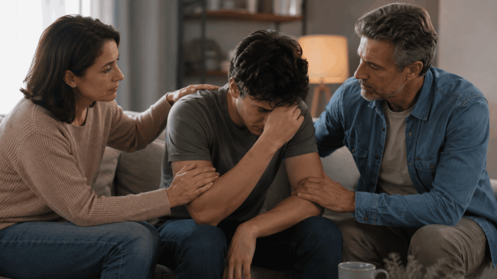 Família apoiando pessoa em crise emocional