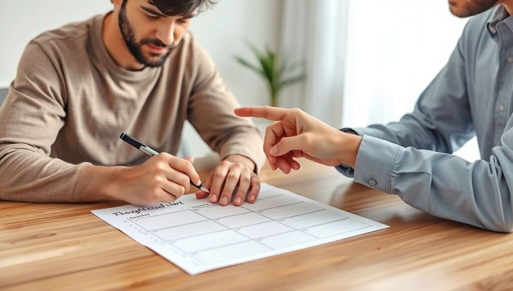 Sessão de psicoterapia com foco em Terapia Cognitiva Comportamental para melhorar autoestima, equilíbrio emocional e prevenção de recaídas.