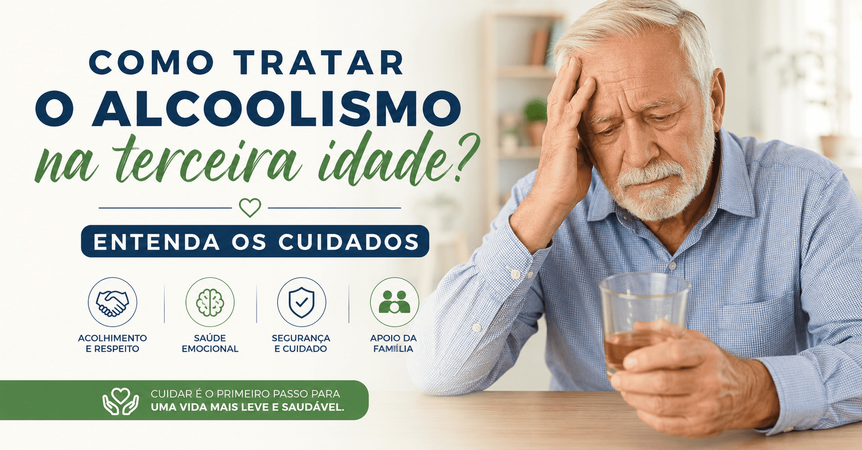 Idoso preocupado com bebida em casa