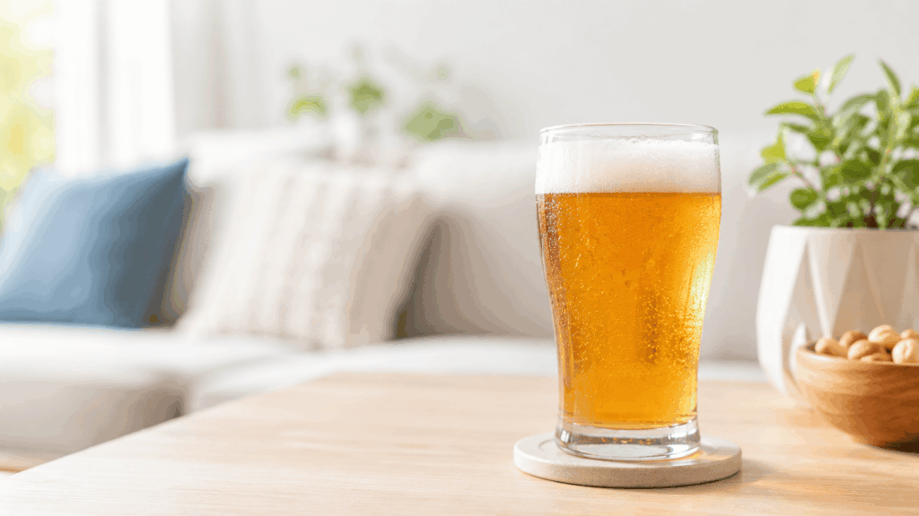 Copo de cerveja em ambiente claro e minimalista