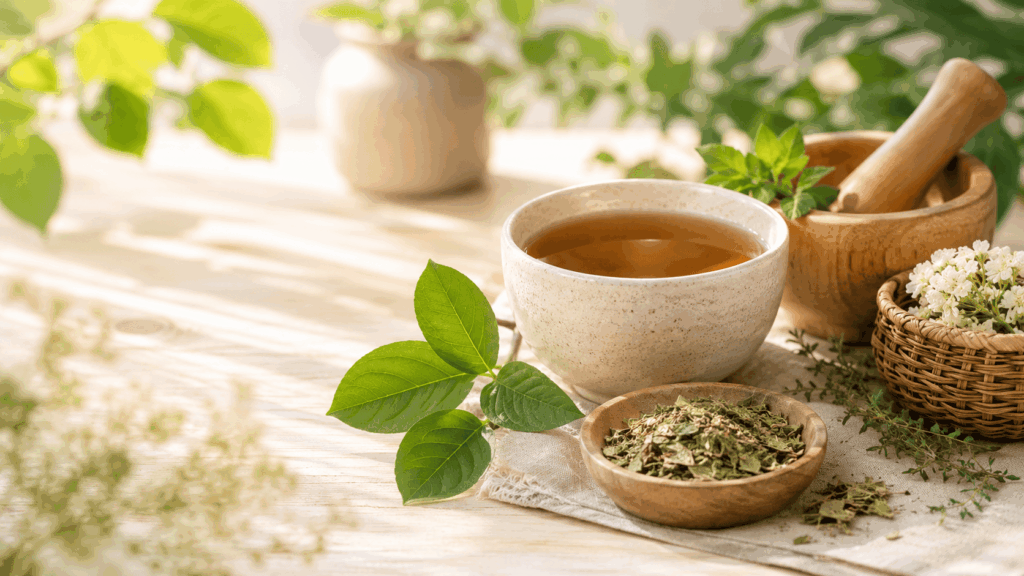 Xícara de chá natural com ervas verdes