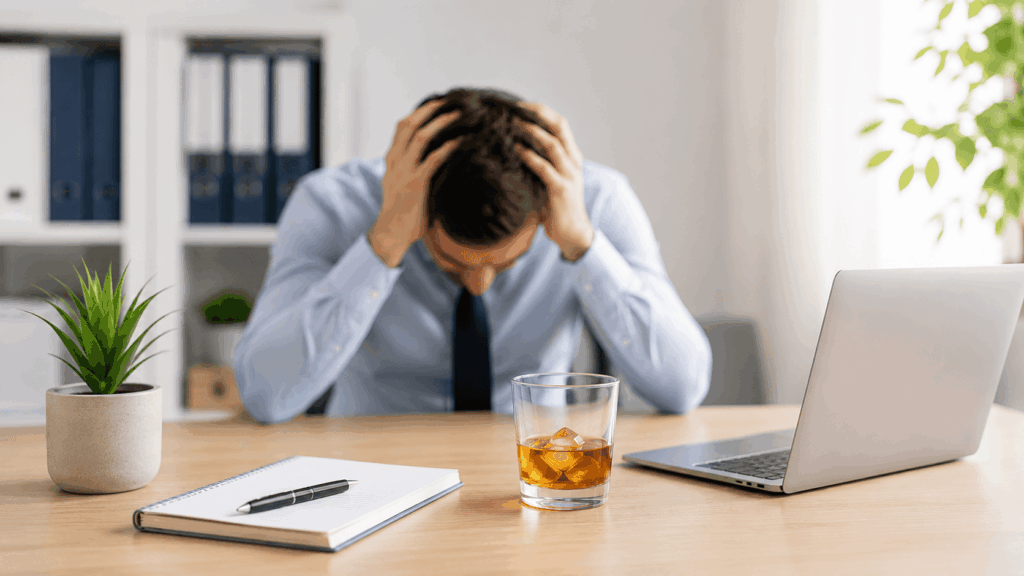 Trabalhador estressado com copo de bebida