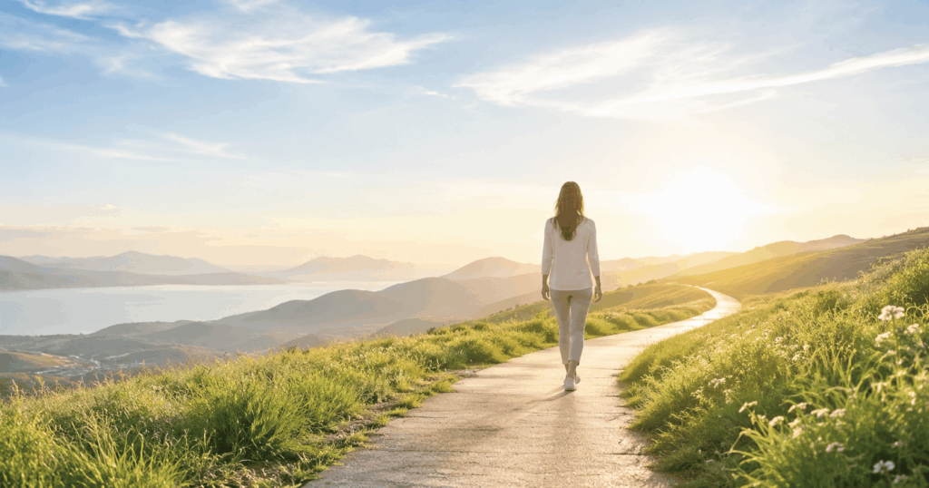 Caminho dourado entre montanhas e lago ao amanhecer, remetendo à superação do vício e nova vida.