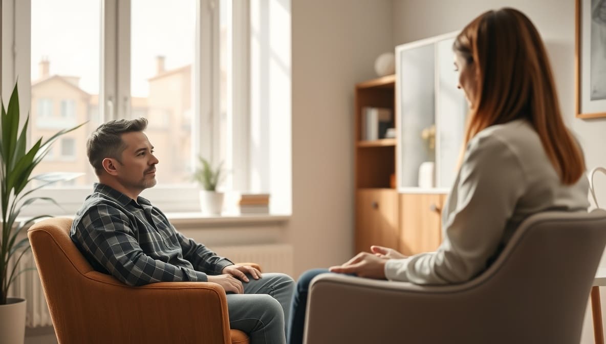 Pessoa em sessão de Terapia Cognitiva Comportamental aprendendo técnicas para controlar pensamentos, emoções e comportamentos.