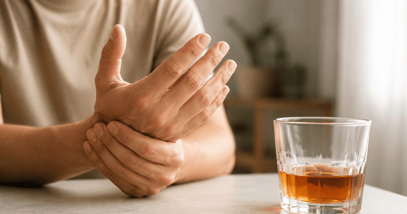Pessoa com tremedeira nas mãos por álcool
