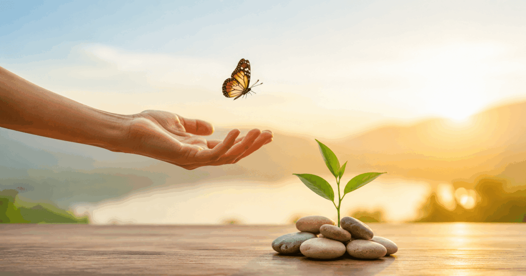 Mãos alcançando borboleta próxima de planta, simbolizando transformação e liberdade da dependência.