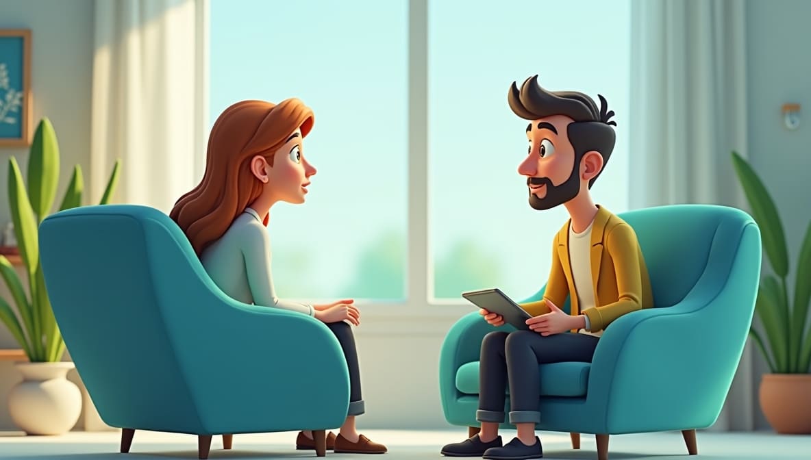 Ilustração de sessão de atendimento psicológico, com paciente e profissional conversando em poltronas